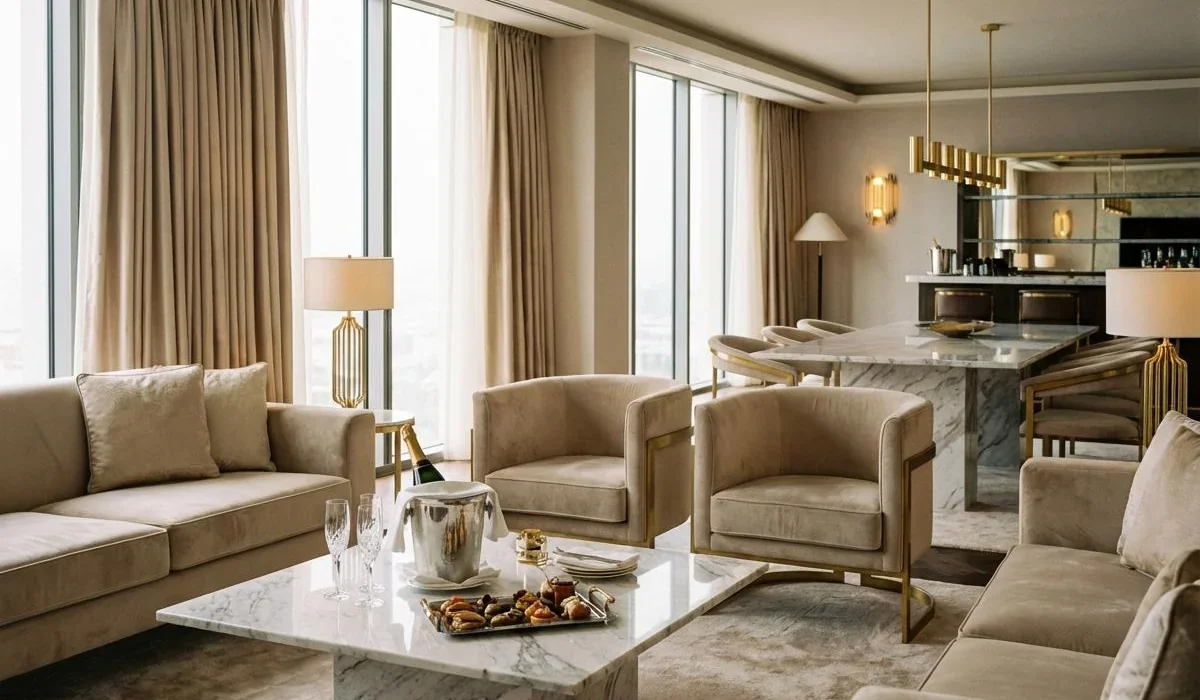 Hotel lounge with pale sofas and tall windows