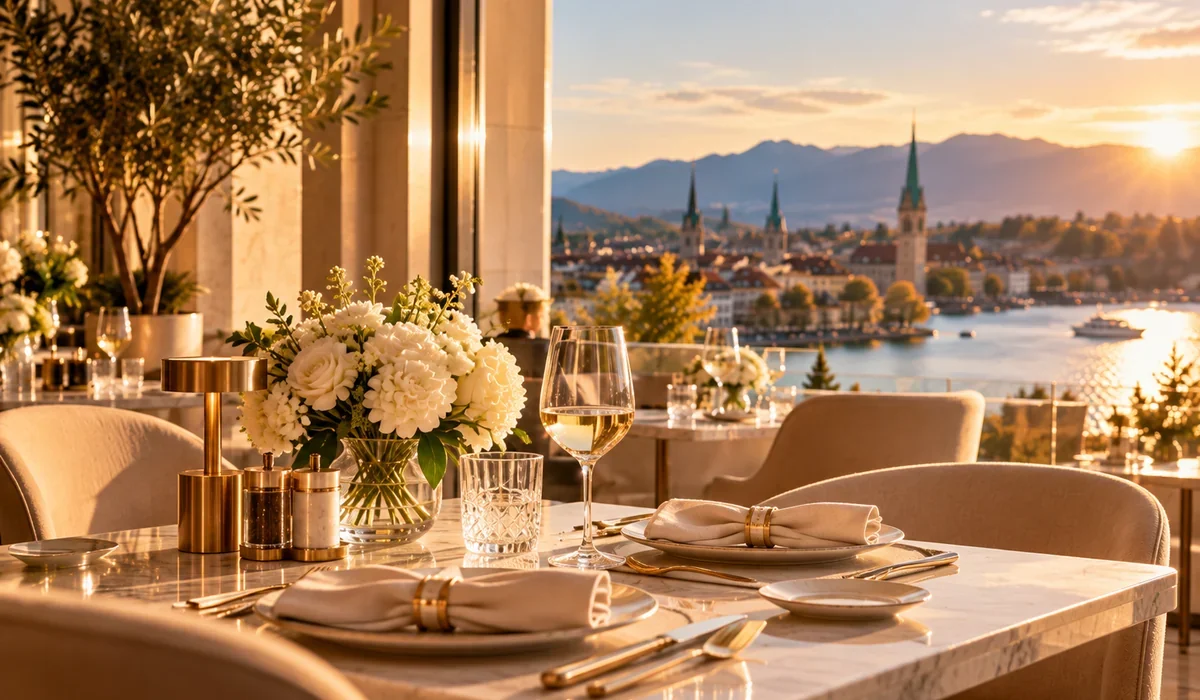 Dinner table overlooking Lake Zurich at sunset