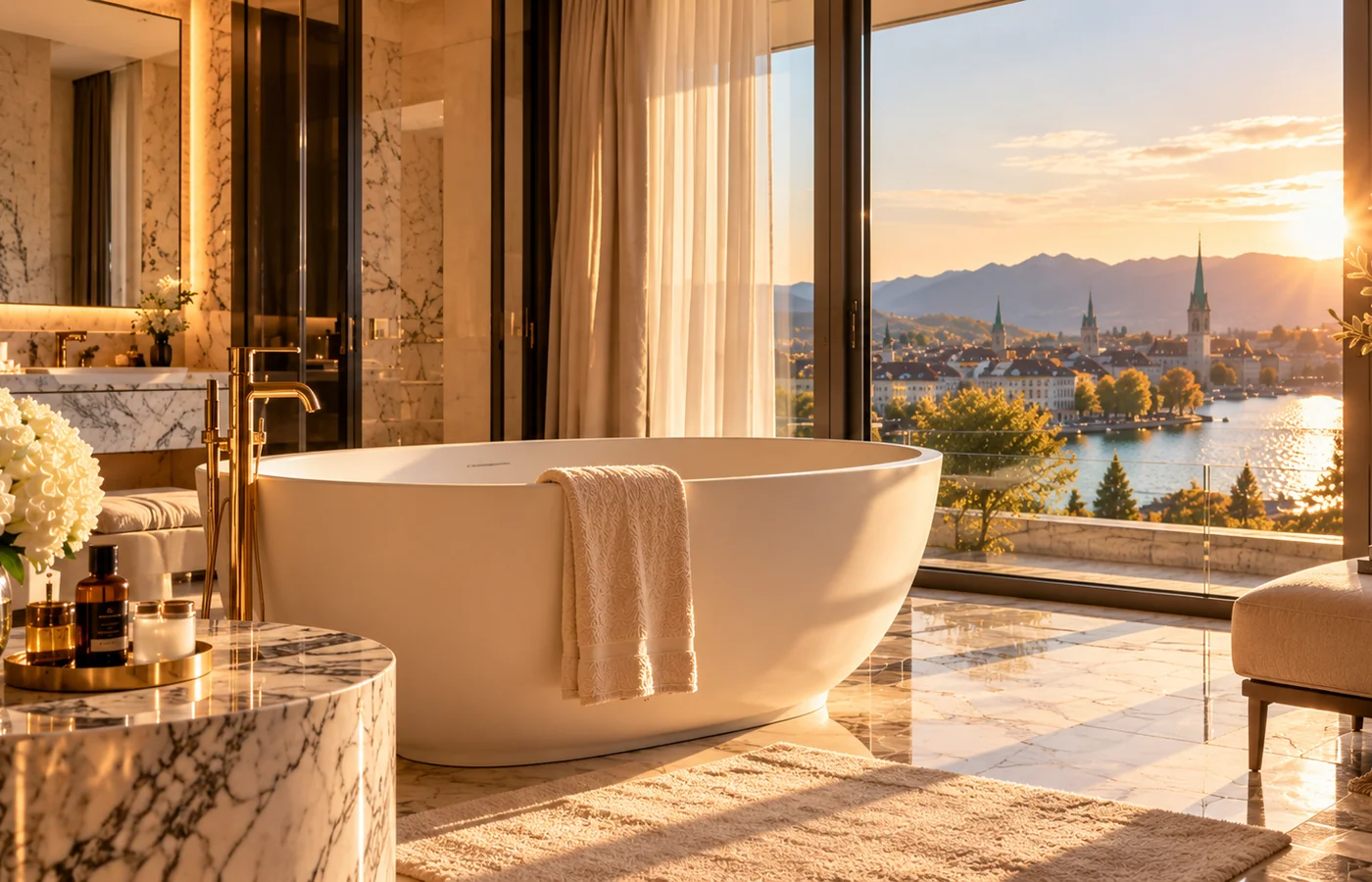 Freestanding bathtub beside a window overlooking Lake Zurich