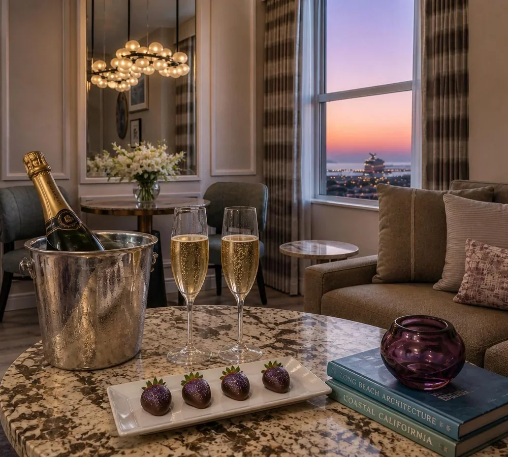 Champagne glasses and chocolates beside a window at dusk