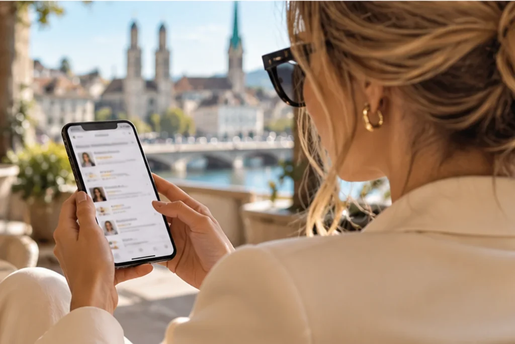 Woman checking online escort reviews on her smartphone at an elegant café